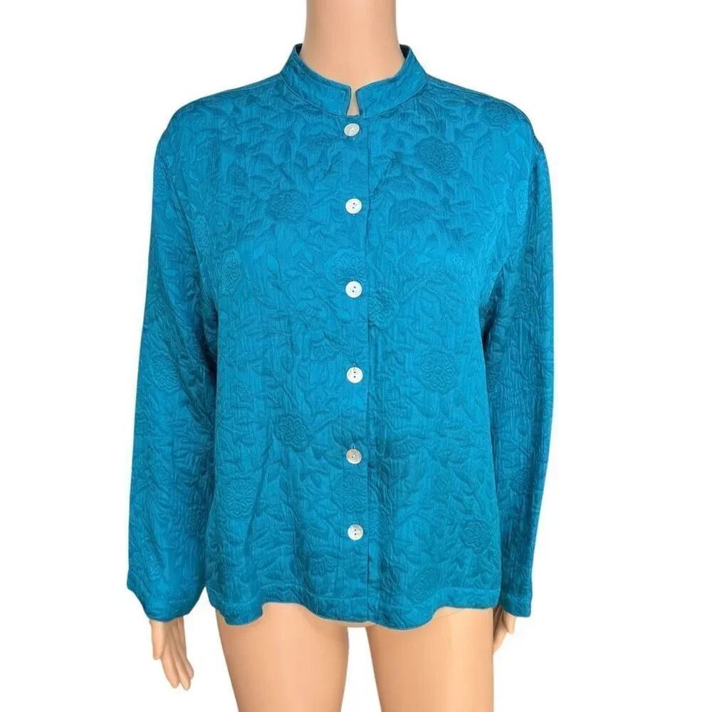 Chico’s Shirt Womens Blue Silk blend Woven Mandarin Collar Floral Button Up sz M